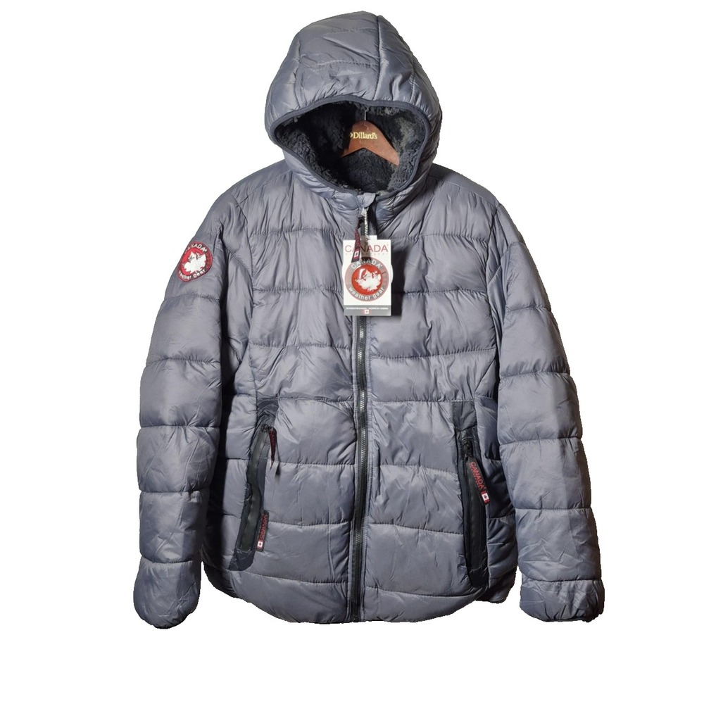 Canada Weathergear Reversible Hooded Puffer Jacket Mens XL  Gray Faux Fur NEW